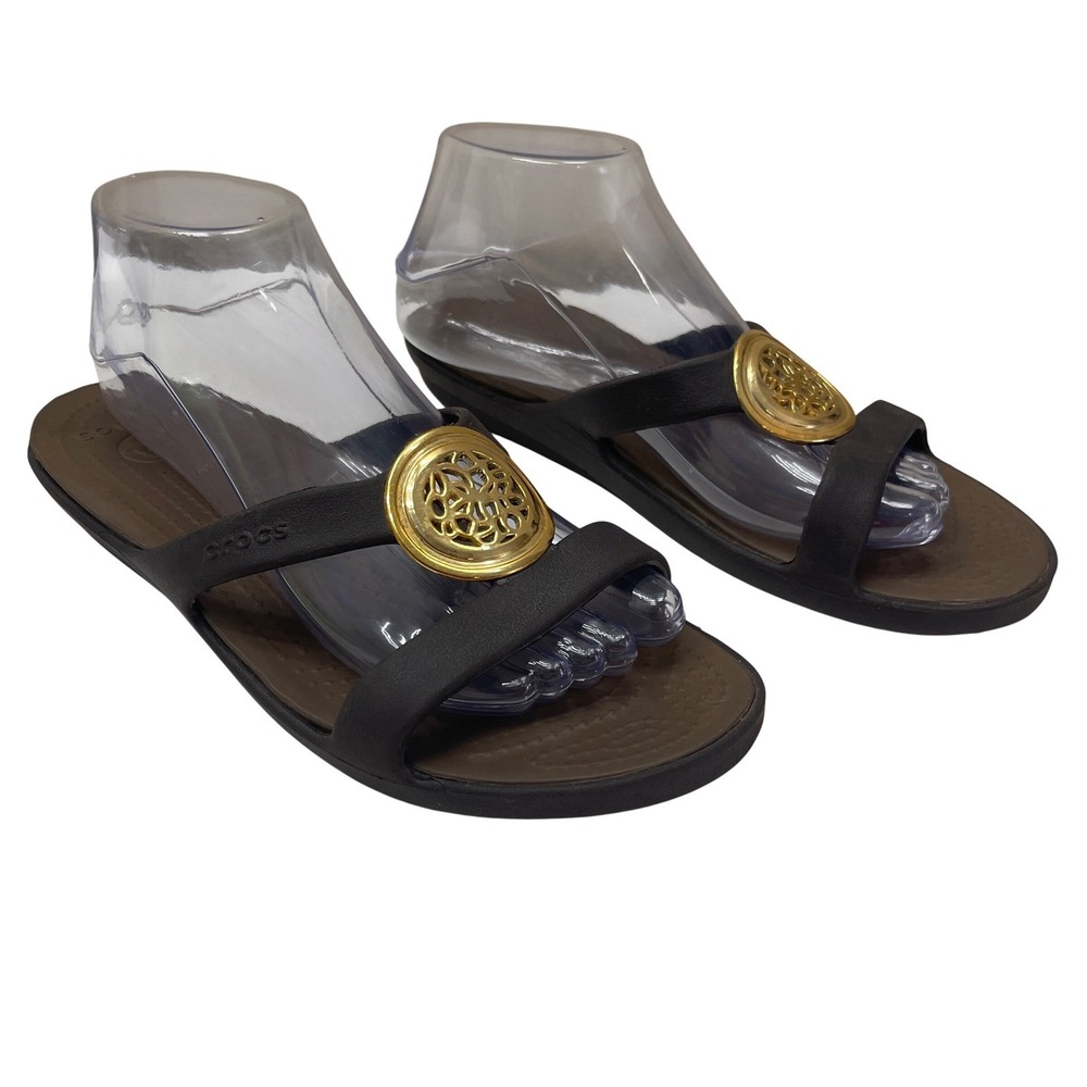 Crocs Sanrah Medallion Slide Sandal Womens 9 Brown Gold Espresso Casual RARE